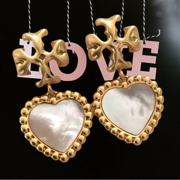 TORY BURCH ROXANNE MOTHER OF PEARL HEART DANGLE EARRINGS - Picture 3 of 4